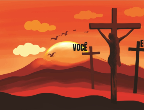 três cruzes simbolizando Jesus no meio, as que estão nas laterais uma é para você e outra para mim, significa renúncia para obedecer a Deus