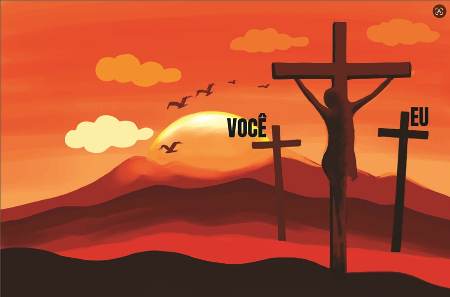 três cruzes simbolizando Jesus no meio, as que estão nas laterais uma é para você e outra para mim, significa renúncia para obedecer a Deus